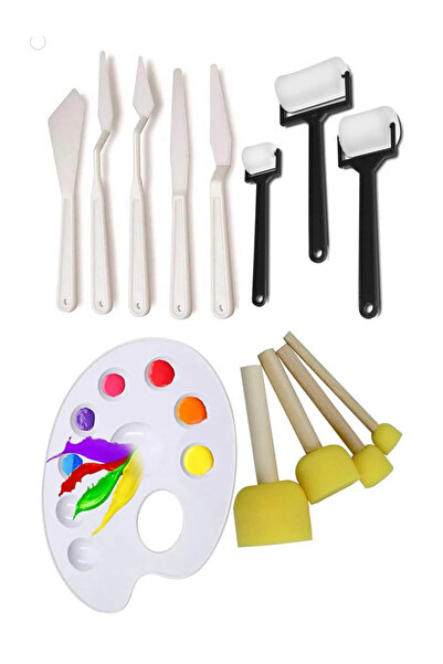 TİFOYS Palet Rulo Fırça Ponpon Fırça ve Plastik Spatula 4'lü Set 1 Paket Resim Hobi Sanat Etkinlik Boyama