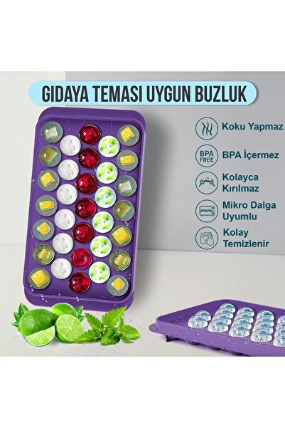 Hubsan 2 Adet Kapaklı 33 Hazneli Yuvarlak Buz Kalıbı Kokteyl Sunum Buz Kalıbı 2li Sarı/lila