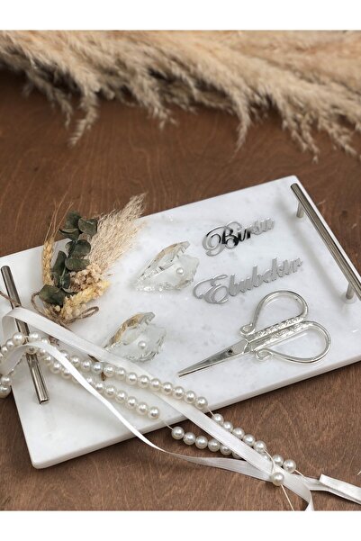 Masalsı Concept Mermer Nişan Tepsisi Söz Tepsisi İsimli, İnci Cam Yükselti İn...