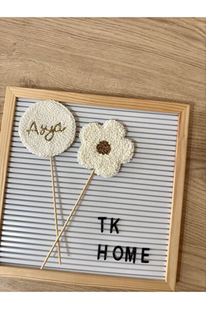 TKhome Punch 2'li İsim ve Çiçek İşlemeli Pasta Süsü Pasta Dekoru - Doğum Günü...