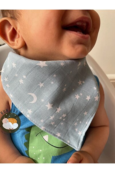 runbaby Run Baby Light Blue Star Patterned Muslin Set - 100% Cotton, 75x75cm, Pacifier Strap