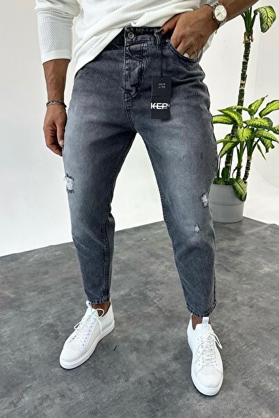 BDRMAN Boyfriend Gri Taşlamalı Yırtık Detaylı Kot Pantolon