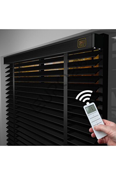 JaluziByEuro216 MOTORLU Ahşap Jaluzi Perde 50 mm %100  Ahşap Kurdeleli SİYAH Renk