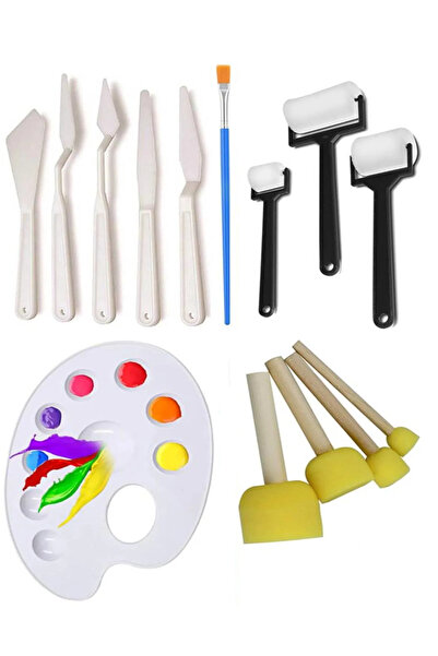 TİFOYS Palet Rulo Fırça Ponpon Resim Fırçası ve Plastik Spatula 1 Paket Resim...