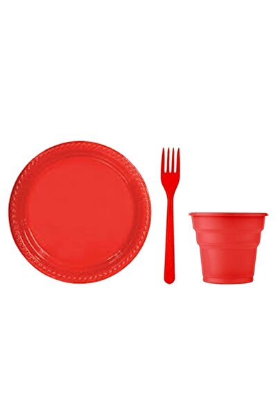 PartylandTR Kırmızı 25 Kişilik Plastik Bardak Çatal Tabak