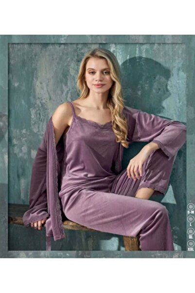 İpek Women's Velvet Triple Dressing Gown Pajama Set