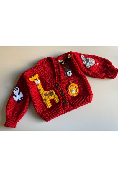 El örgüsü Baby and Children's Cardigan with Forest Animals Figures - Hand Knitted