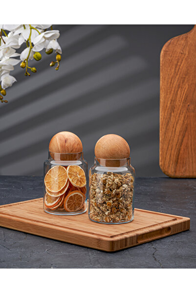 Sensoria 2'Li Ahşap Top Kapaklı Cam Kavanoz Seti Şekerlik Çerezlik Baharatlık...