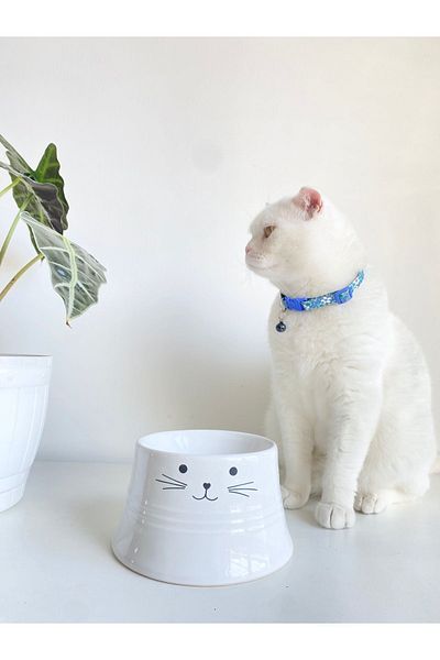 stilinbu Colorful Ceramic Cat and Dog Food Water Bowl - Moon Bowl (WHITE)