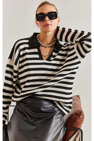 Bengi Clothing Pulover de damă cu dungi cu gât polo - mânecă lungă