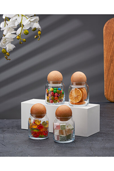 Sensoria 4'Lü Ahşap Top Kapaklı Cam Kavanoz Seti Şekerlik Çerezlik Baharatlık...