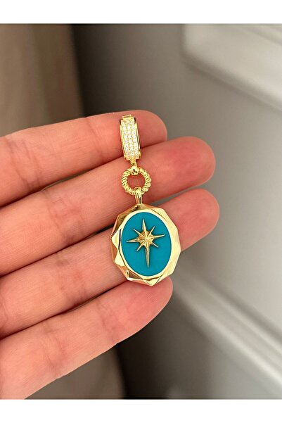 emy by emel luxury silver jewelry Altın Kaplama Turkuaz Mineli Kutup Yıldızı Kolye Ucu 925 Ayar Gümüş