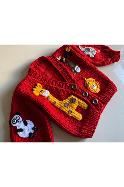 El örgüsü Baby and Children's Cardigan with Forest Animals Figures - Hand Knitted