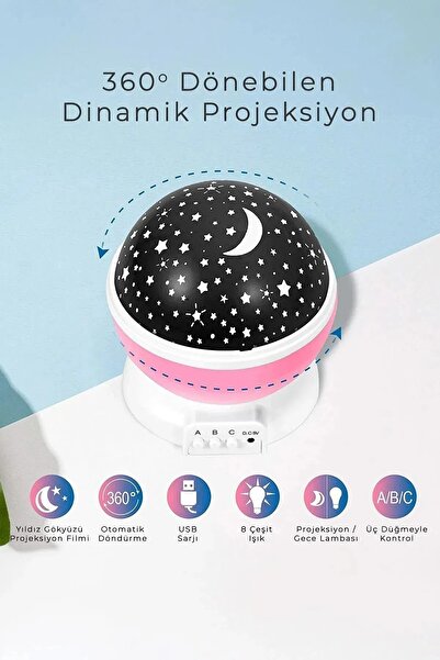 Hombak Gece Lambası Tavana Işık Yansıtan Dönen Yıldız Ay Projeksiyon Çocuk ve Genç Odası Lamba Işık Küresi