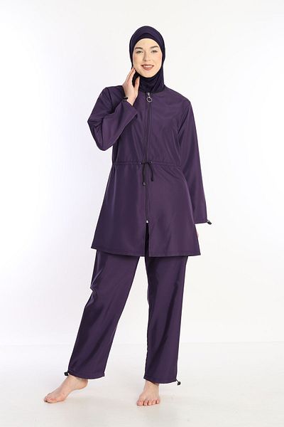 Sonne's Purple Quick Dry Zippered Hijab Swimsuit - 4 Pieces, Water Repellent, Parachute Fabric