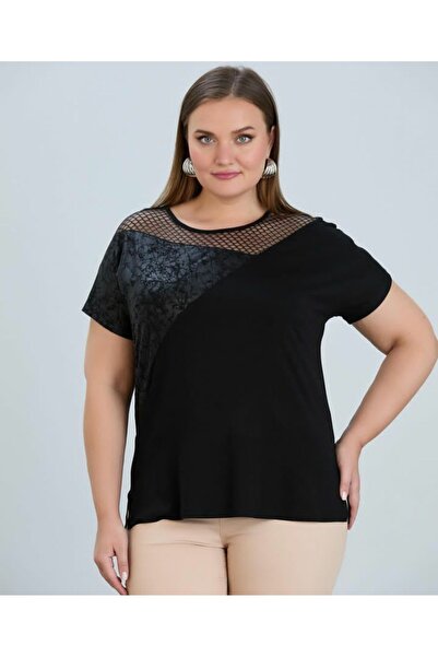 Te&Te Plus Size Leather Detailed Mesh Collar Women's Blouse