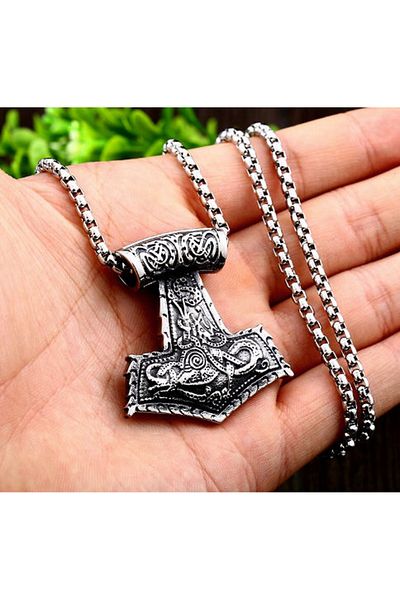 daisybydaisy Viking Thor Patterned Stainless Steel Silver Necklace - with Extra Chain Gift