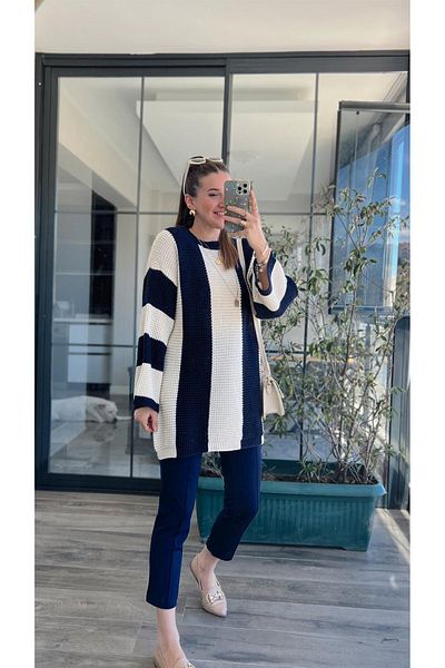 Bengi Clothing Rochie de damă cu mânecă lungă, cu decolteu în dungi