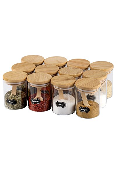 Karçiçeği Home 12'li Bambu Kapaklı Kaşıklı Baharatlık Seti Etiket Hediyeli