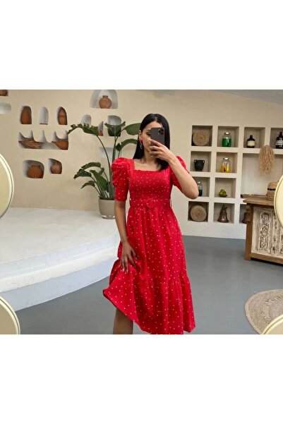Tülay Butik فستان متوسط الطول من قماش البوبلين - أحمر وحزام