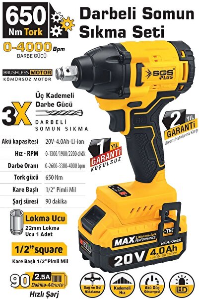 SGS 20 Volt 4 Amper 650 Nm Tork Akülü Şarjlı Darbeli Somun Sıkma Sökme Makine...