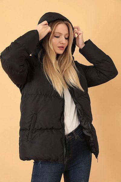 E MODA La Mela Damen – Puffermantel mit Kapuze in schwarz