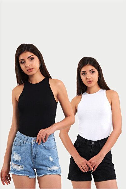 Kadın Siyah Beyaz 2'Li Halter Yaka Tshirt