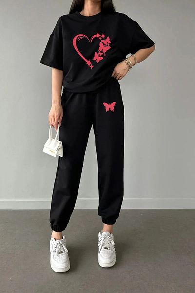 AY MONTANA LUNAVISTA Set de tricou și pantaloni de sport pentru femei, cu imprimeu inimă, cu imprimeu de fluturi - decolteu