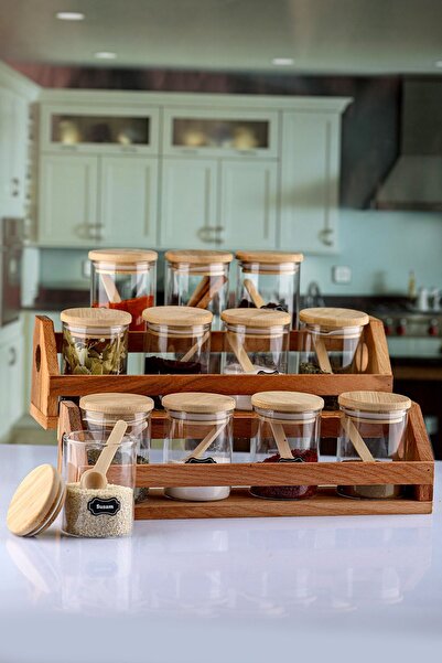 Karçiçeği Home 12'li Bambu Kapaklı Kaşıklı Baharatlık Seti Etiket Hediyeli