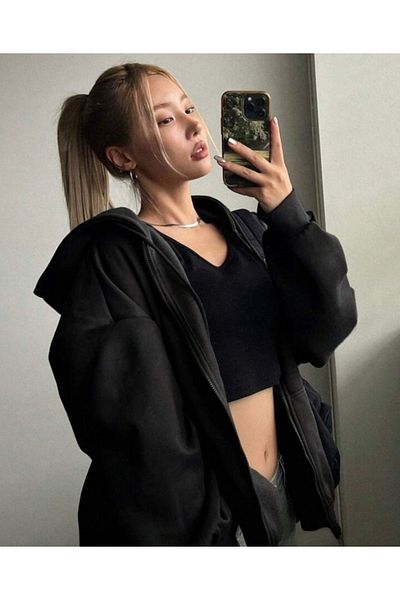 DEZZİİ Μαύρη ζακέτα με φερμουάρ Oversize