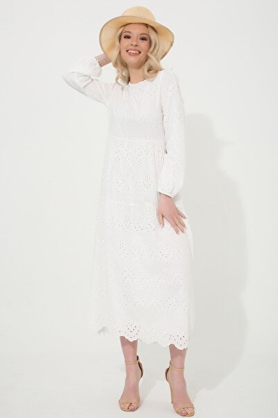 ACELYA Rochie Lungă Scallop - Femei, Detaliată Guipur