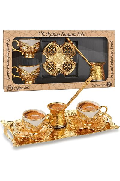 KT HOME Set of 2 Metal Cups - Turkish Coffee with Copper Coffee Cup and Tray Coffee Pot