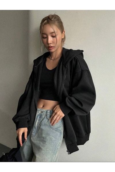 DEZZİİ Μαύρη ζακέτα με φερμουάρ Oversize