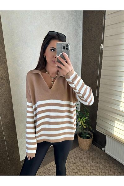 Bengi Clothing Дамски плетен пуловер с поло яка и райета