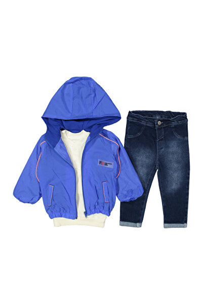 STEEL BABY ERKEK BEBEK ÇOCUK KAPÜŞONLU YAĞMURLUKLU KOT PANTOLONLU 3 PARÇA TAKIM