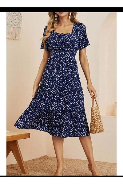GENÇ MODA Γυναικείο φόρεμα μίντι καλοκαιρινής βισκόζης με τετράγωνο γιακά Navy Blue Heart