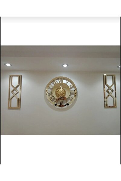 NİSANEST Dekoratif Hediyelik Ahşap Büyük Boy Duvar Saati Aynalı Pleksi Gold D...