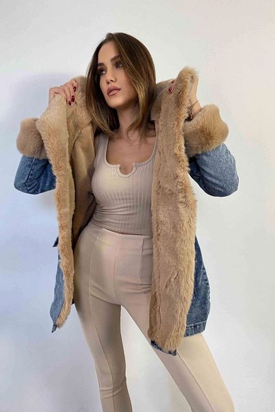 Lady Pixie Palton lung de damă din denim cu blană