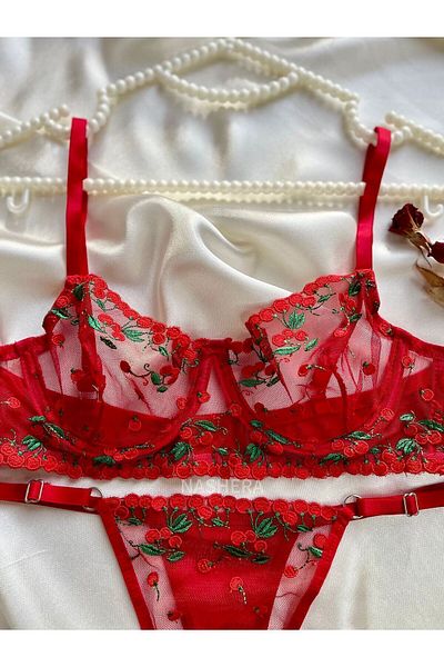 Nashera Red Cherry Embroidered Underwire Bralette Bra Underwear Set