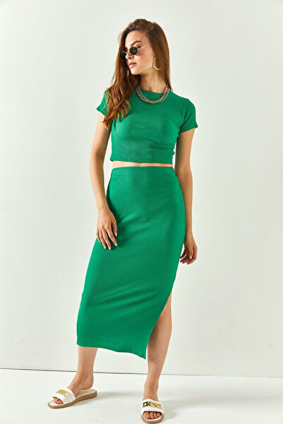 Kokoş Aşk tkana tkanina Skraćeni kroj Suknja i gornji komad - detalj sa prorezom