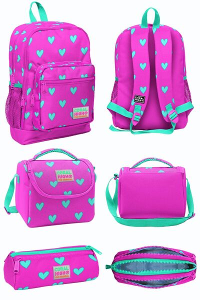 Coral High Neon Pembe Su Yeşili Kalp Desenli Dört Bölmeli Okul Sırt Çantası B...