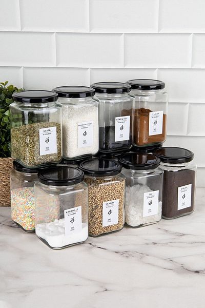 DNS HOME 12-Piece Spice Jar with Black Metal Lid and 32 Assorted Spices Labeled