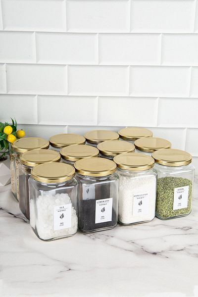 DNS HOME 12-Piece Gold Metal Lid Square Glass Jar Storage Set Spice Labeled Spice Jar Set 720 ml