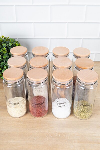 DNS HOME 12-Piece Glass Jar Set with Wooden Lid Spice Bowl Transparent Label Gift Spice Bowl Set 500 ml
