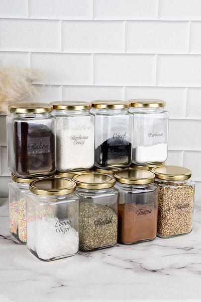 DNS HOME 12-Piece Gold Metal Lid Square Glass Jar Storage Set Spice Jar Set with Transparent Label 720 ml
