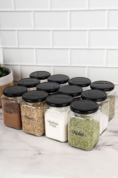 DNS HOME Set of 12 Black Jars - Metal Lid, Transparent Label, Spice Bowl 720 ml