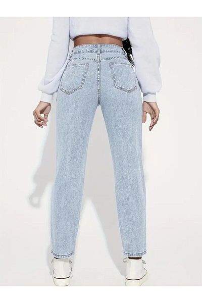 FUEGO FERRO Women's Angerta Ice Blue Snow Wash High Waist Five Pocket Lycra Mom Jean Pants