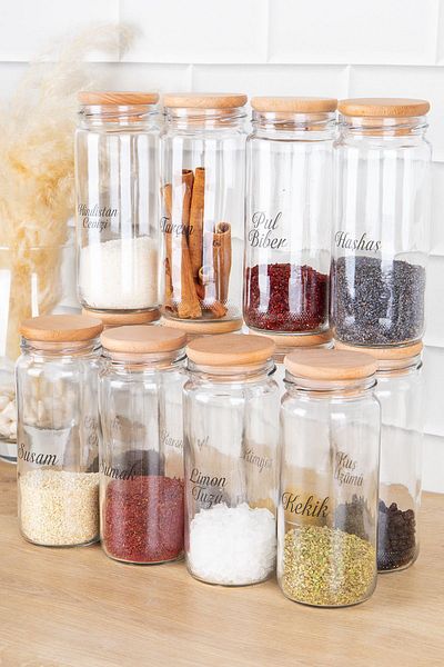DNS HOME 12-Piece Glass Jar Set with Wooden Lid Spice Bowl Transparent Label Gift Spice Bowl Set 500 ml
