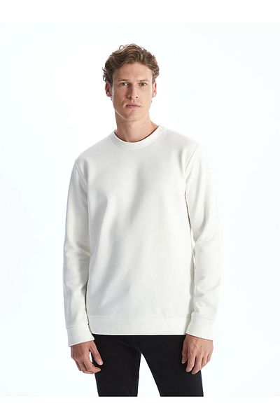 LC Waikiki Λευκό Crew Neck Μακρυμάνικο Ανδρικό Χοντρό Φούτερ