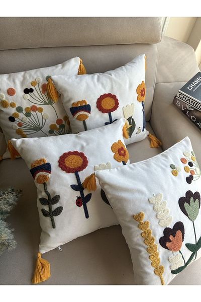 en gözde home Punch Embroidered 4 Pieces Throw Pillow Cover